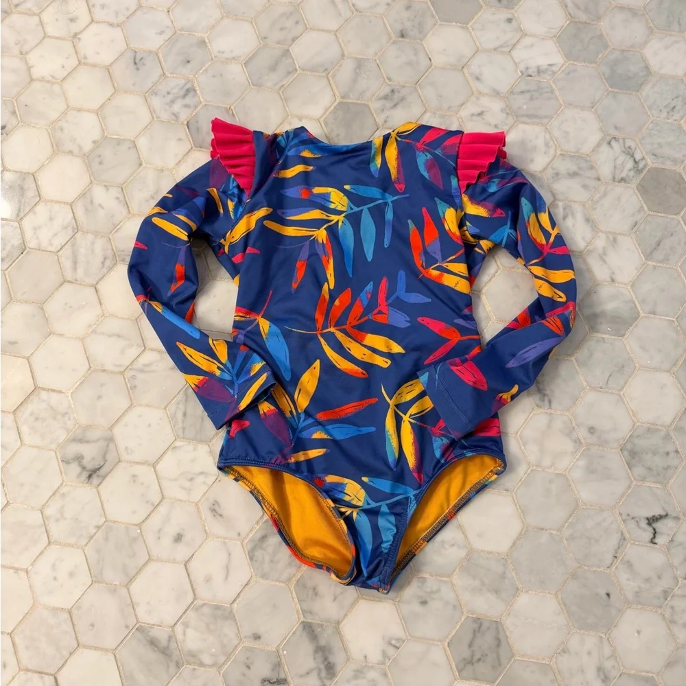 Kids Long Sleeve One-Piece Swimsuit - Navy Floral with Pink Ruffle